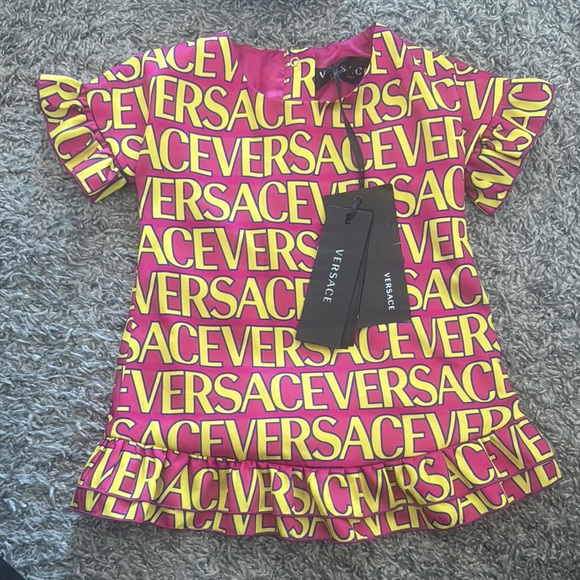 Versace Vibrant Pink and Yellow Logo Dress